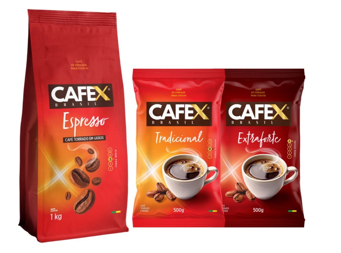Embalagens de café CAFEX Brasil: Espresso em grãos 1kg, Tradicional e Extraforte 500g